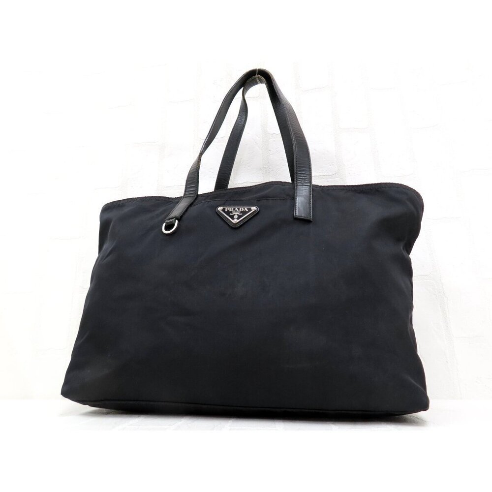 Prada Calf Leather Leather Tote Handbag Black Silver Hardware Triangular